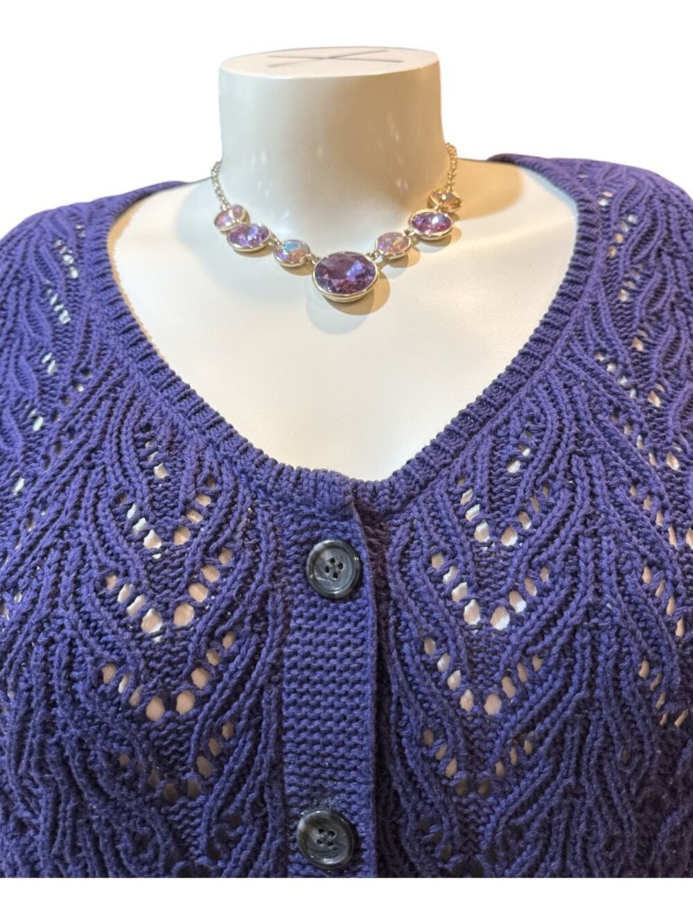Talbots Sz 3X Purple Indigo 100% Cotton Open Knit 3-Button Cardigan Sweater - Picture 4 of 8